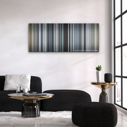Society of the Snow color palette canvas above a black sofa with a gold-topped table