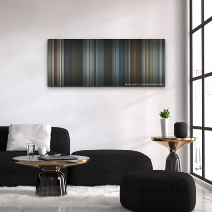 A Quiet Place: Day One color palette canvas above a black sofa with a gold-topped table