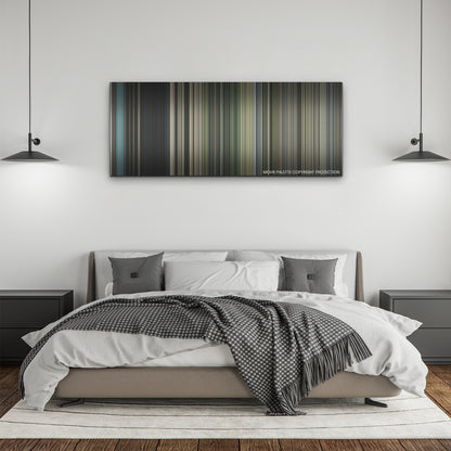 Plane color palette canvas above a bed, between two black pendant lamps