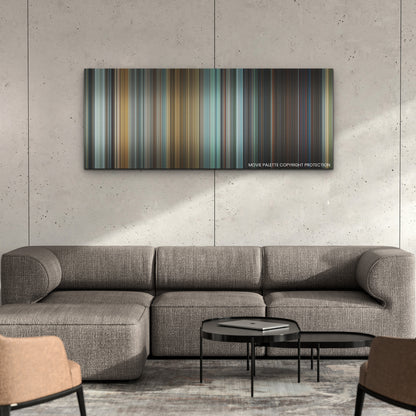 Jurassic World: Dominion color palette canvas on a concrete wall above a gray sectional sofa