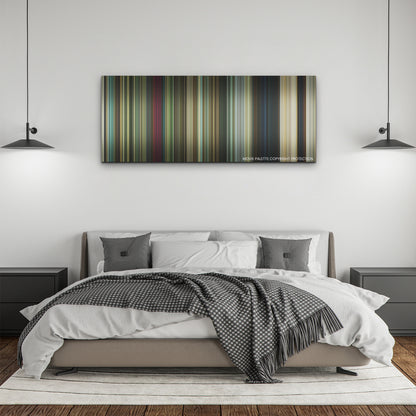 Dog color palette canvas above a bed, between two black pendant lamps