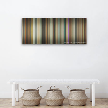 American Fiction color palette canvas above a white bench with three woven baskets