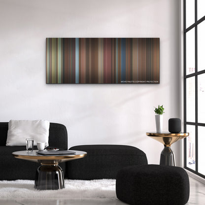 Love Hard color palette canvas above a black sofa with a gold-topped table