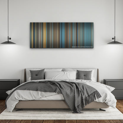 Napoleon color palette canvas above a bed, between two black pendant lamps