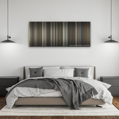 Thirteen Lives color palette canvas above a bed, between two black pendant lamps
