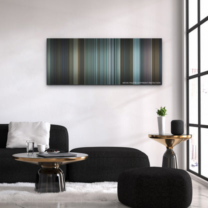 The Adam Project color palette canvas above a black sofa with a gold-topped table