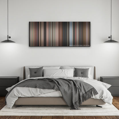 The Woman King color palette canvas above a bed, between two black pendant lamps