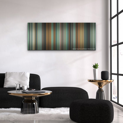 Challengers color palette canvas above a black sofa with a gold-topped table