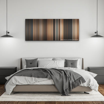 Indiana Jones and the Dial of Destiny color palette canvas above a bed, between two black pendant lamps
