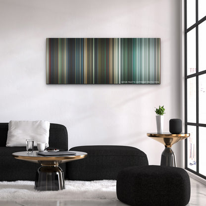 The Suicide Squad color palette canvas above a black sofa with a gold-topped table