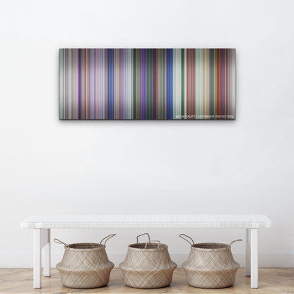 Spellbound color palette canvas above a white bench with three woven baskets