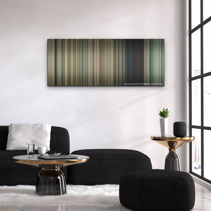 Old color palette canvas above a black sofa with a gold-topped table