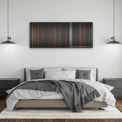 Alien: Romulus color palette canvas above a bed, between two black pendant lamps