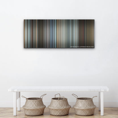 Extraction II color palette canvas above a white bench with three woven baskets