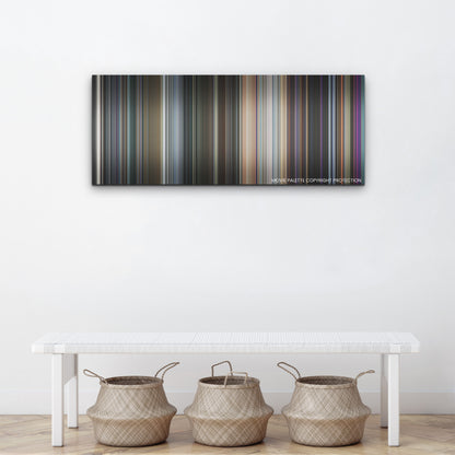 The Marvels color palette canvas above a white bench with three woven baskets