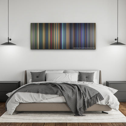 Godzilla vs. Kong color palette canvas above a bed, between two black pendant lamps