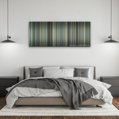 A Man Called Otto color palette canvas above a bed, between two black pendant lamps