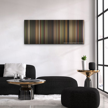 Love Lies Bleeding color palette canvas above a black sofa with a gold-topped table