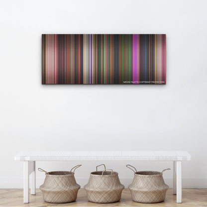Encanto color palette canvas above a white bench with three woven baskets