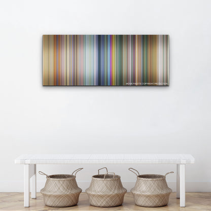 The Bad Guys color palette canvas above a white bench with three woven baskets