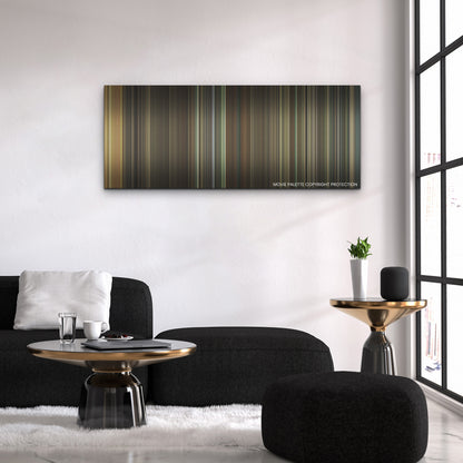 Knock at the Cabin color palette canvas above a black sofa with a gold-topped table