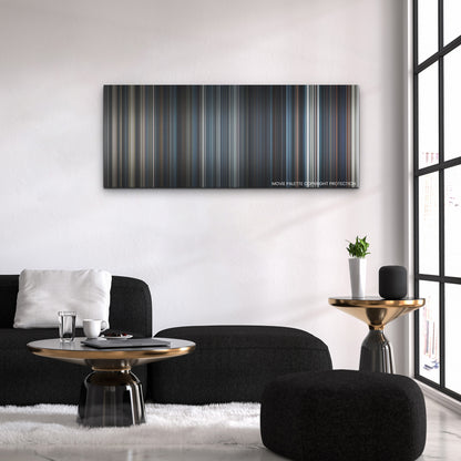 Moonfall color palette canvas above a black sofa with a gold-topped table