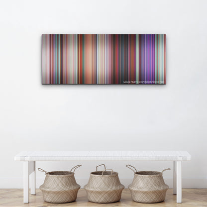 Turning Red color palette canvas above a white bench with three woven baskets
