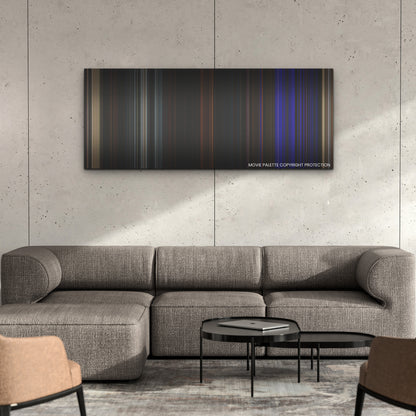 Fear Street: Part Three - 1666 color palette canvas on a concrete wall above a gray sectional sofa