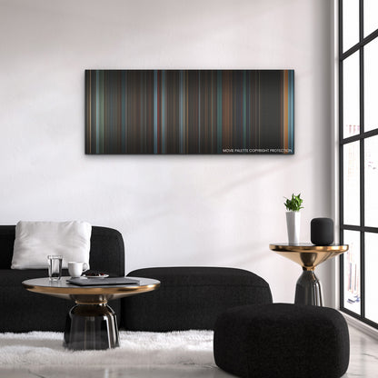 The Boogeyman color palette canvas above a black sofa with a gold-topped table