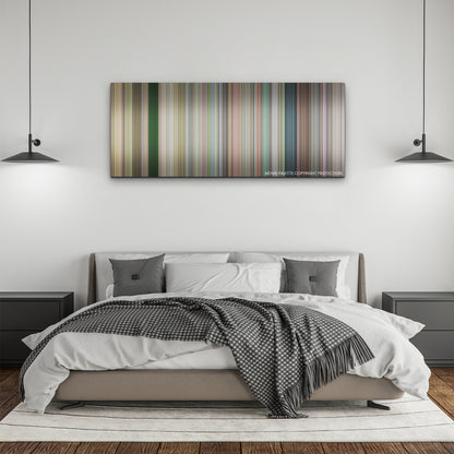 Jackass Forever color palette canvas above a bed, between two black pendant lamps