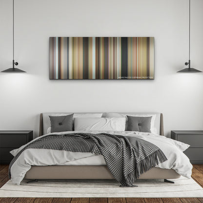 Ticket to Paradise color palette canvas above a bed, between two black pendant lamps