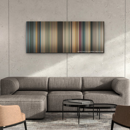 Beverly Hills Cop: Axel F color palette canvas on a concrete wall above a gray sectional sofa