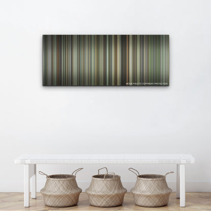 Oppenheimer color palette canvas above a white bench with three woven baskets