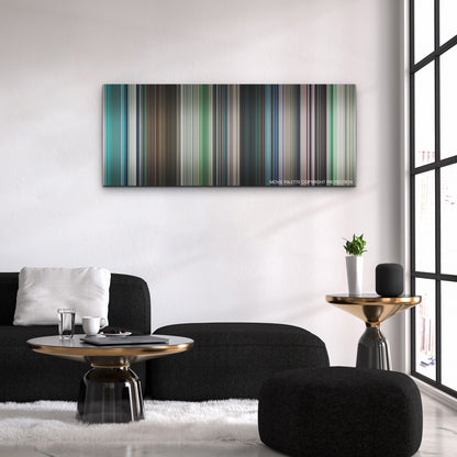 Under Paris color palette canvas above a black sofa with a gold-topped table