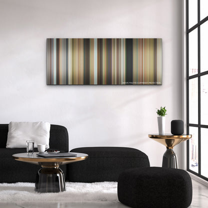 Ticket to Paradise color palette canvas above a black sofa with a gold-topped table