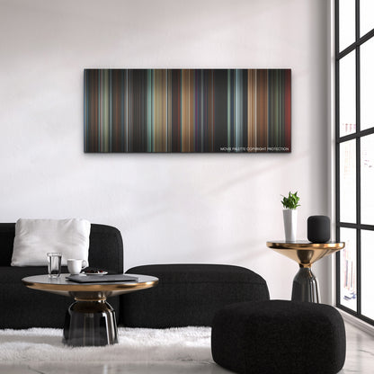 All of Us Strangers color palette canvas above a black sofa with a gold-topped table