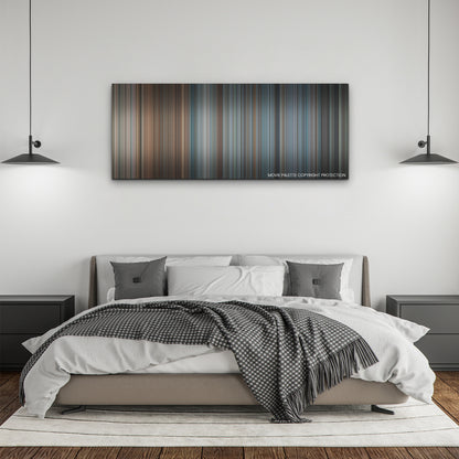 BlackBerry color palette canvas above a bed, between two black pendant lamps