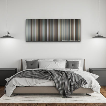The Unforgivable color palette canvas above a bed, between two black pendant lamps