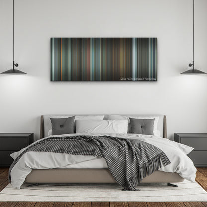 Luther: The Fallen Sun color palette canvas above a bed, between two black pendant lamps