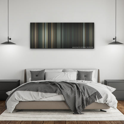 Without Remorse color palette canvas above a bed, between two black pendant lamps
