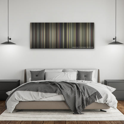 Priscilla color palette canvas above a bed, between two black pendant lamps