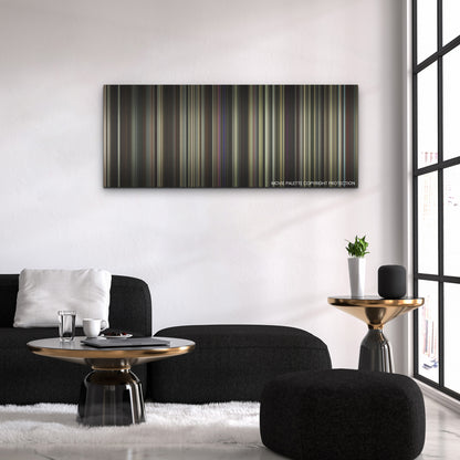 Priscilla color palette canvas above a black sofa with a gold-topped table