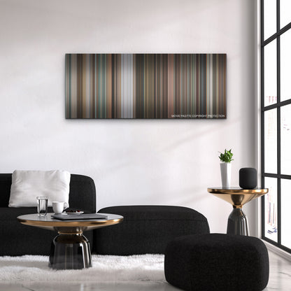 Dream Scenario color palette canvas above a black sofa with a gold-topped table