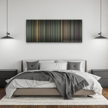 Spaceman color palette canvas above a bed, between two black pendant lamps