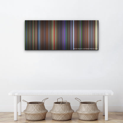Teenage Mutant Ninja Turtles: Mutant Mayhem color palette canvas above a white bench with three woven baskets