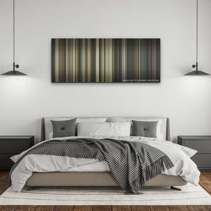 Ghostbusters: Afterlife color palette canvas above a bed, between two black pendant lamps