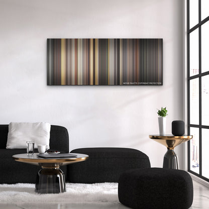 Death on the Nile color palette canvas above a black sofa with a gold-topped table