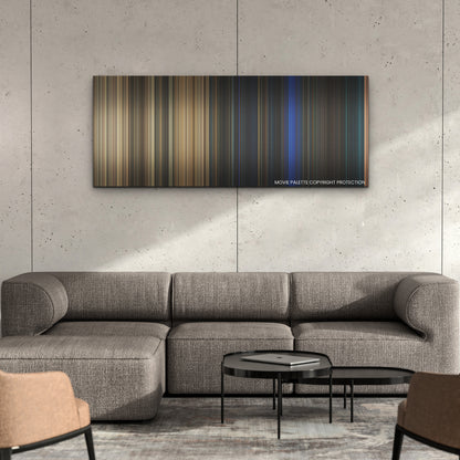 Texas Chainsaw Massacre color palette canvas on a concrete wall above a gray sectional sofa
