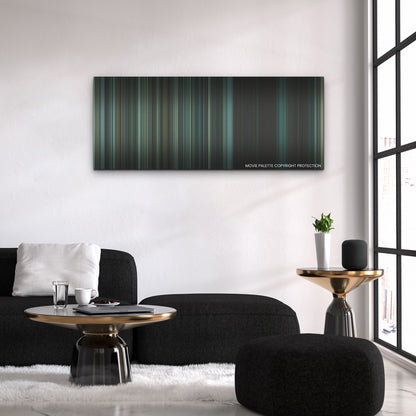Paradise color palette canvas above a black sofa with a gold-topped table