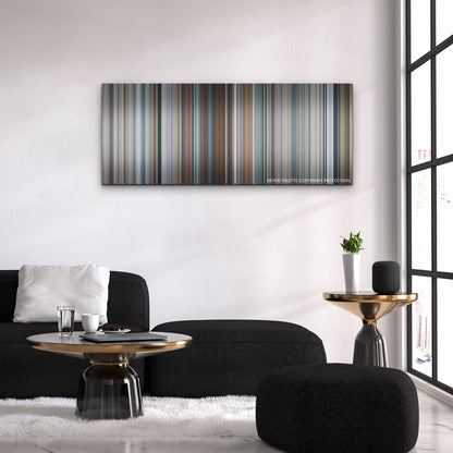Free Guy color palette canvas above a black sofa with a gold-topped table